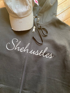 Shehustles Script logo Full Zip- Black Hoodie Jacket