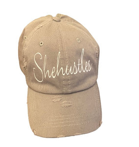 Shehustles Script Logo Distressed Ponytail Hat